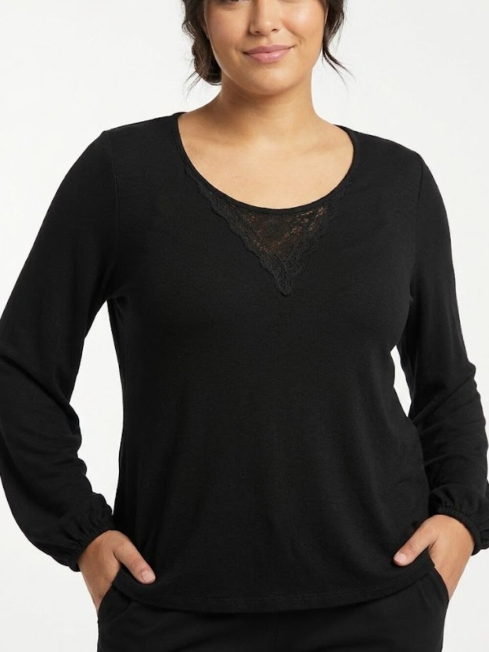 Eberjey Black Rayon Lace Trim Long Sleeve Top Size S Small